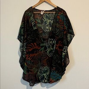 Violet Sky Tropical Leaf Print Kimono Swim Cover